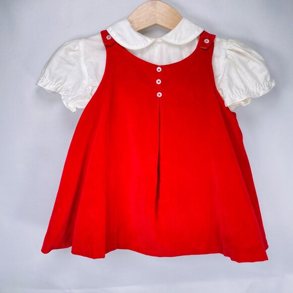 Vintage Baby Girl 2 Piece Red Velvet Dress + Puff Sleeve Shirt Outfit Set 12m - Picture 12 of 12